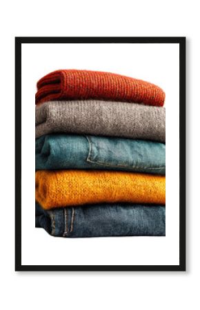 A stack of folded clothes in various autumnal colors.  Sweaters and jeans, neatly arranged, in shades of rust, gray, teal, and mustard