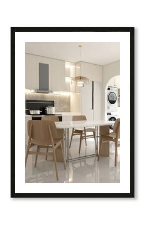 Luxury, modern white kitchen counter in dining room by laundry area in sunlight for interior design decoration, cooking, food, kitchenware product background 3D