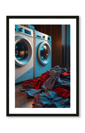 Modern washing machines with a pile of colorful laundry on the wooden floor in a cozy home interior