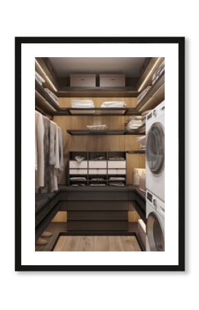 Elegant walk-in closet with integrated laundry area, shelves, and organized clothing.