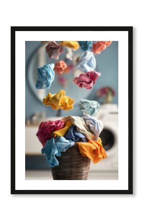 Colorful clothes floating falling through air above wicker laundry basket in bright utility room creative concept photography of household washing chore domestic life.