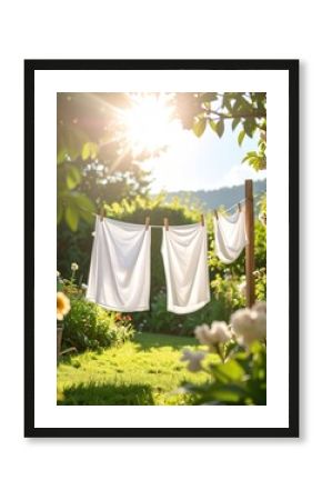 White laundry hanging on a clothesline in a sunny garden