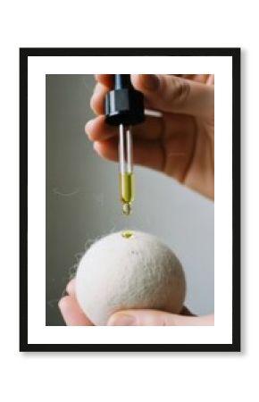 Hand adding essential oil with a dropper to a wool dryer ball.