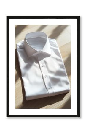 White shirt folded on a table with close-up view of collar and sleeve area illuminated by natural sunlight from above