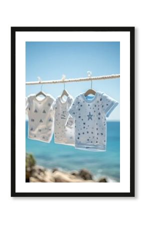 kid`s clothes hanging on the line, against a blue sky background. This is a close-up, front-view shot, with the sea visible in the distance. This is a product photography style shoot. 