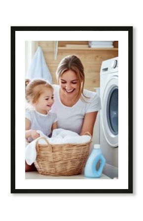 A smiling mother and daughter doing laundry together in a cozy home environment, embracing quality family time with a wicker basket.