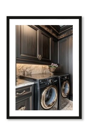 Luxury laundry room with black cabinets and gold accents.