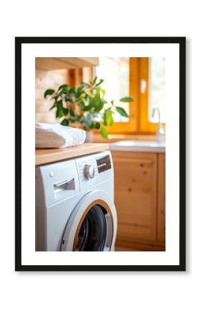 Modern laundry room design featuring a washing machine and natural light with indoor plants for a cozy atmosphere