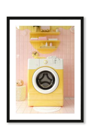 Bright yellow washing machine in a pastel-themed laundry room, AI