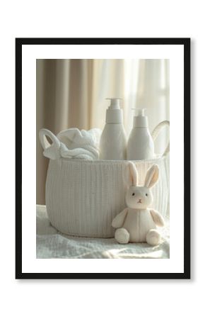 cleaning or washing products for children, laundry basket and rabbit in white and beige colors. Eco-friendly detergent, sensitive and responsible care
