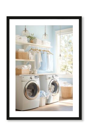 Bright and airy laundry room featuring modern washing machines, neatly organized shelves with towels, and cozy atmosphere. light blue walls enhance serene environment