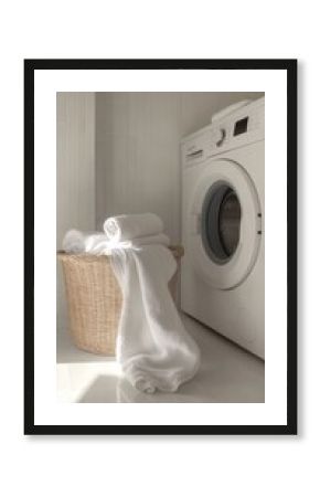 Clean white towels hanging from wicker laundry basket next to washing machine