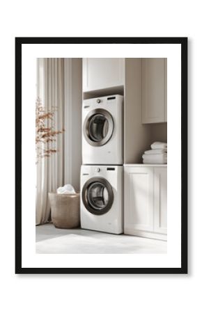 Sleek white washing machine and dryer in a minimalist, sunlit laundry room lined with soft, neutral tones.