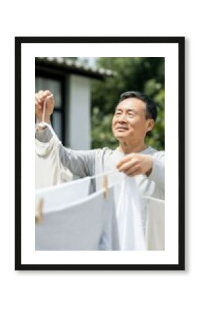 Elderly Asian man hanging clothes outdoors on a sunny day