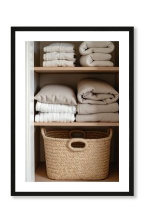 Neatly organized closet shelves display folded linen towels blankets, pillows. Eco-friendly straw basket sits on bottom shelf. Organized storage solutions create tidy space. Ideal for bedrooms, home