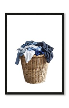 A laundry basket filled with crumpled clothes.