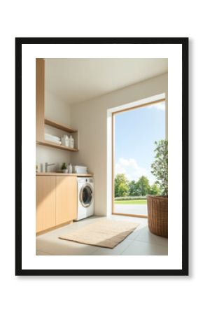 Bright and airy laundry room with modern design and natural light streaming through the window