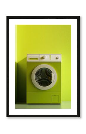 Retro green washing machine in minimalist studio with bold color design