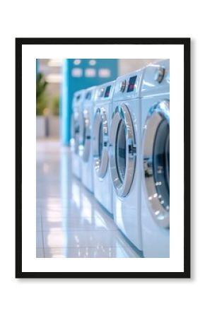 A row of modern washing machines features glowing digital displays, set in a bright, clean space with tiled floors reflecting light. The environment is spacious and inviting