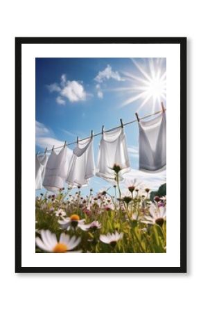 Clothesline with clean white laundry to dry on a flower meadow, AI generated, AI generated
