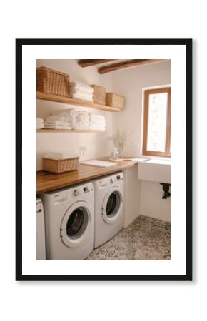 Rustic laundry room with washer, dryer, and shelves