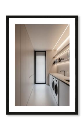Modern minimalist laundry room design, sleek appliances, neutral tones, natural light
