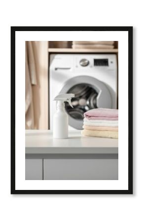 Home laundry room with washing machine, spray bottle, and towel stack