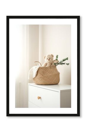 A basket of white laundry, a teddy toy on white dresser. Mockup for washing baby clothes with copy space.