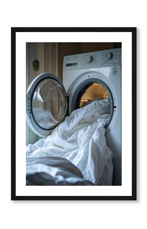 Close-up of  modern, high-efficiency ai powered washing machine with the door open, revealing freshly washed white beddings, bed sheets inside, pulled half out, in bright white clean laundry room