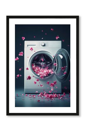 Washing machine with pink flowers falling out of it