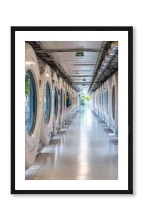 Industrial laundry hallway, bright, clean