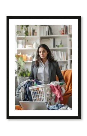 Professional woman multitasking, managing laundry alongside work, in a modern home office environment, showcasing daily life balance.