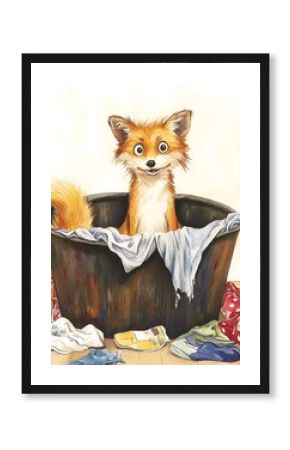Cute fox taking a bath in a laundry basket, surrounded by dirty clothes