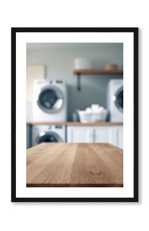 Wood Tabletop with Blurred Laundry Room Background