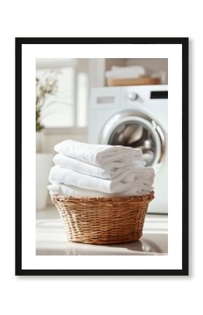 Fresh white laundry in basket next to washing machine