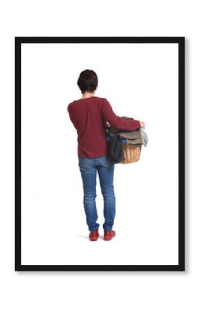 rear view of a full portrait of a woman with a laundry basket on white background
