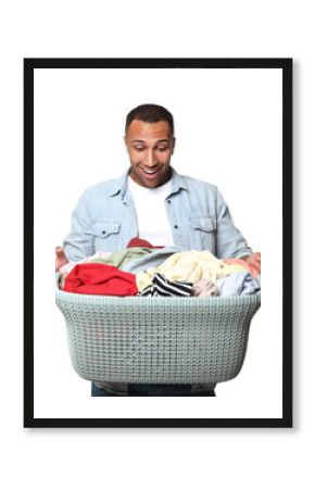 Emotional man with basket full of laundry on white background