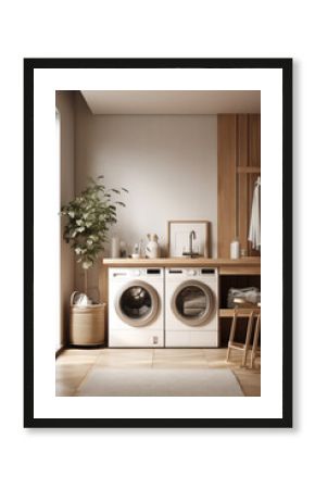 Home interior mockup: beige laundry room, washing machine, wood furniture, Scandinavian style, Generative AI. Minimalist frame on the wall.