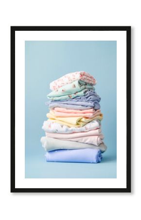 Stack of clean baby boy clothes on pale blue background, after laundry using organic products. Generative AI