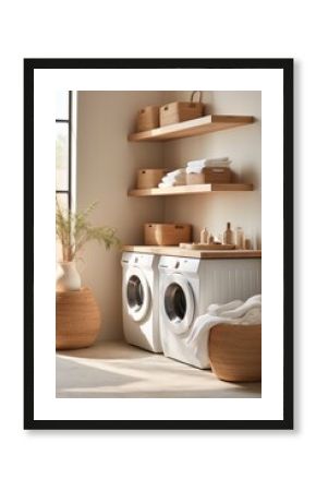Countryside farm house laundry room interior with washing machine and baskets, interior in a cottage in a rustic style