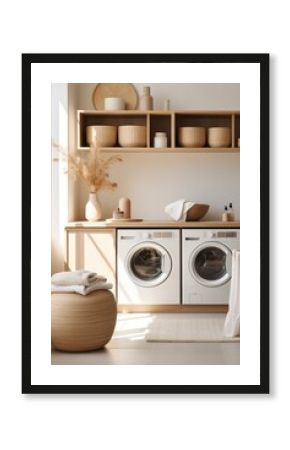 Countryside farm house laundry room interior with washing machine and baskets, interior in a cottage in a rustic style