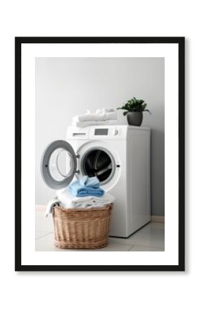 Laundry room with washing machine in modern house.