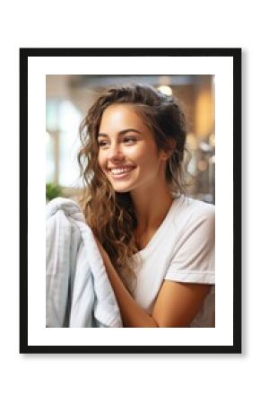 In the laundry room, a confident young Latina woman smiles and touches her face with a lovely towel..