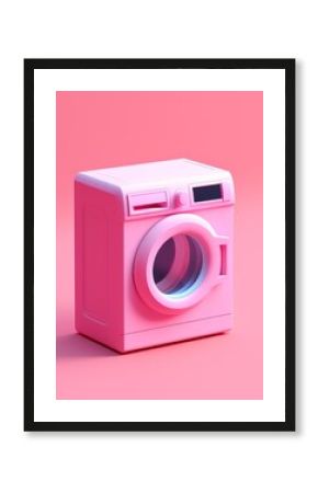 pink washing machine, cute plastic icon on bright pink background color, 3d isometric style