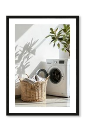 Elegant washing machine and laundry basket next to clean white wall