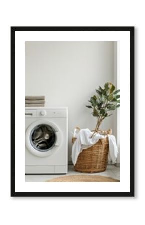 Elegant washing machine and laundry basket next to clean white wall