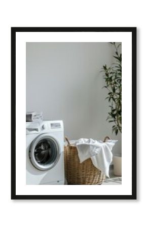 Elegant washing machine and laundry basket next to clean white wall