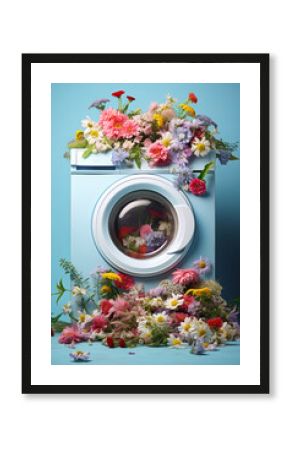 Spring freshness and the smell of washed laundry, a white washing machine in a meadow full of fresh spring flowers, laundry detergent and fabric softener.