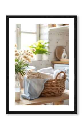 A bright laundry room with a table holding a wicker laundry basket filled with folded towels and bottles of detergent. Horizontal composition. 