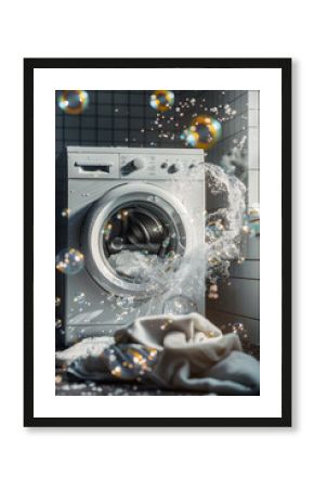 Washing machine in laundry room with basket full of clothes